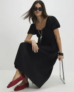 Black Shirred Midi dress