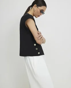 Black Short Sleeve Button Top