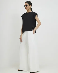 Black Short Sleeve Button Top