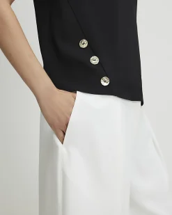 Black Short Sleeve Button Top