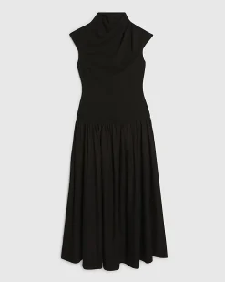 Black Short Sleeve Hybrid Drape Maxi Dress