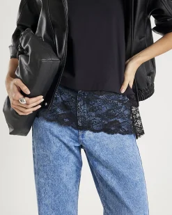 Black Short Sleeve Lace Hem T-shirt