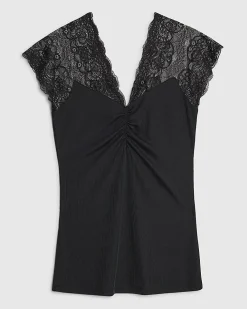 Black Short Sleeve Lace Trim Ruched Top