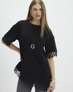 Black Short Sleeve Lace Trim Asymmetric Top
