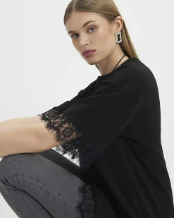 Black Short Sleeve Lace Trim Asymmetric Top