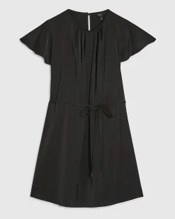 Black Short Sleeve Pleated Neck Mini Dress