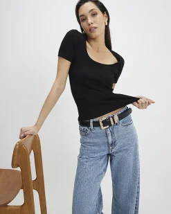 Black Short Sleeve Scoop Neck Top