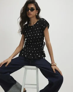 Black Short Sleeve Shirred Polka Dot Top