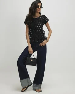 Black Short Sleeve Shirred Polka Dot Top