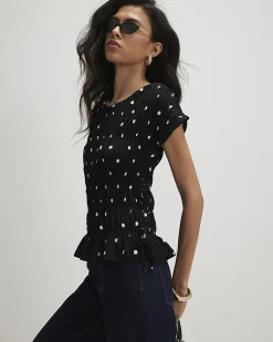 Black Short Sleeve Shirred Polka Dot Top
