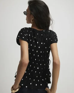 Black Short Sleeve Shirred Polka Dot Top