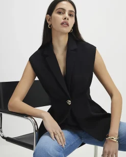 Black Sleeveless Cinched Waist Blazer