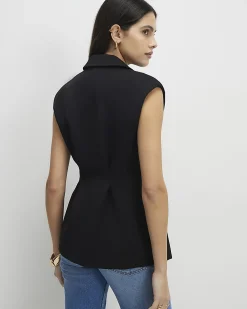 Black Sleeveless Cinched Waist Blazer