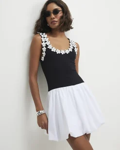 Black Sleeveless Floral Bubble Hem Mini Dress