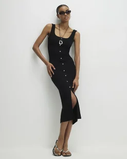 Black Sleeveless Ribbed Button Midi Dress