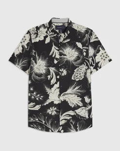 Black Slim Fit Floral Print Cotton Shirt