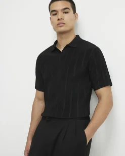 Black Slim Fit Open Neck Polo Shirt