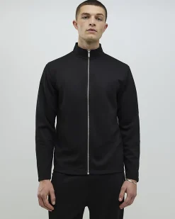 Black Slim Fit Pique Zip Funnel Sweatshirt