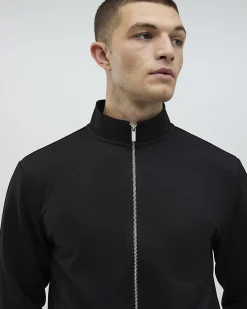 Black Slim Fit Pique Zip Funnel Sweatshirt