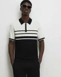 Black Slim Fit Stripe Knitted Polo Shirt