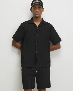 Black Slim Fit Textured Stripe Shorts