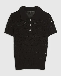 Black Stitched Knit Polo Top