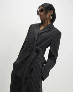 Black Stripe Tie Waist Blazer