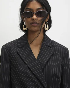 Black Stripe Tie Waist Blazer