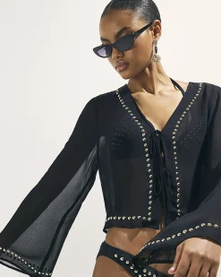 Black Stud Beach Cover Up Tie Front Blouse