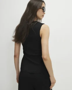 Black Textured Button Through Sleeveless Top