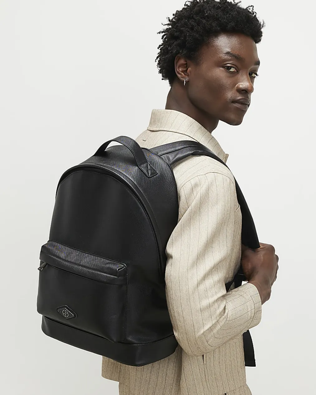 Black Textured Faux Leather Backpack