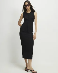 Black Textured Midi Skirt
