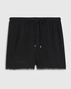 Black Tie Front Whipstitch Floaty Shorts