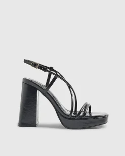 Black Triple Strap Platform Heeled Sandals