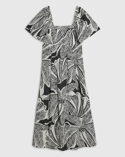 Black Tropical Leaf Shirred Midi Dress