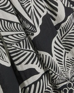 Black Tropical Leaf Shirred Midi Dress