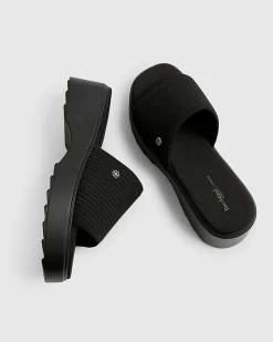 Black Wide Fit Knitted Mule Flatform Sandals