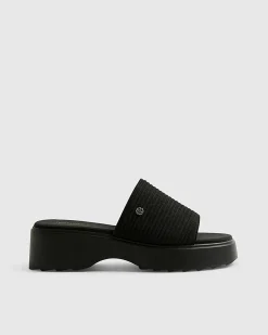 Black Wide Fit Knitted Mule Flatform Sandals