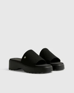 Black Wide Fit Knitted Mule Flatform Sandals