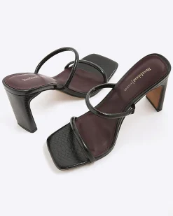 Black Wide Fit Strap Mule Heeled Sandals