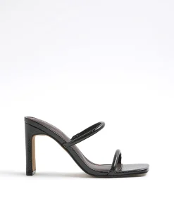 Black Wide Fit Strap Mule Heeled Sandals