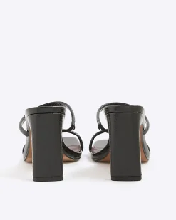Black Wide Fit Strap Mule Heeled Sandals