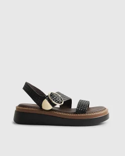 Black Wide Fit Woven Buckle Flatform Sandals