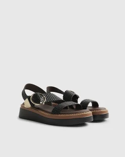 Black Wide Fit Woven Buckle Flatform Sandals