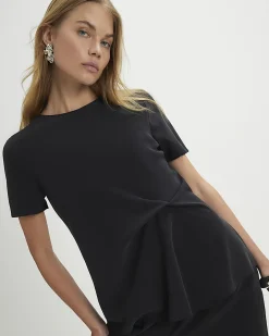 Black Woven Cupro Gathered Side Top