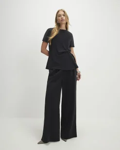 Black Woven Cupro Straight Leg Trousers