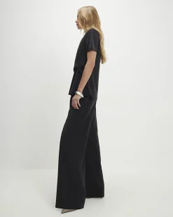 Black Woven Cupro Straight Leg Trousers