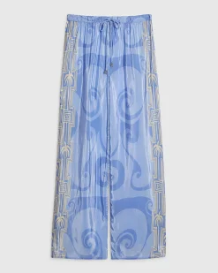 Blue Abstract Palm Print Wide Leg Trousers