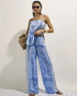 Blue Abstract Palm Print Wide Leg Trousers