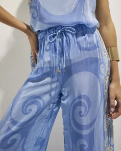 Blue Abstract Palm Print Wide Leg Trousers